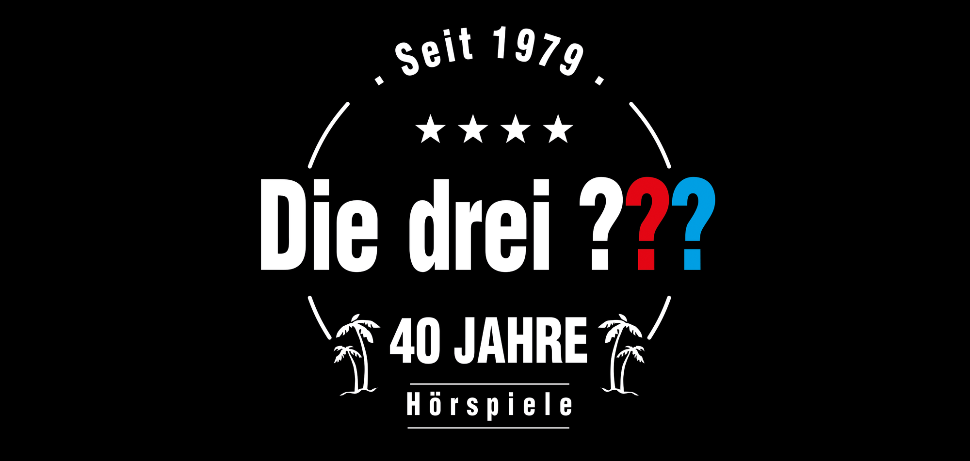Die drei ??? Logo mit "Seit 1979" und "40 Jahre Hörspiele" in einem Kreis drum rum.