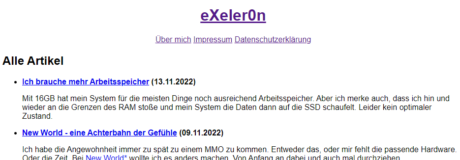 Screenshot der Startseite von eXeler0n.de / Stand: 01.12.2022