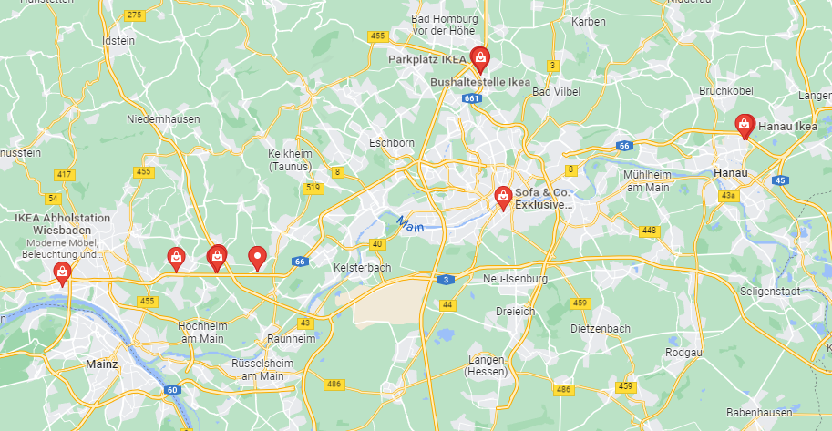 Anzeige der IKEA rund um Frankfurt am Main in Google Maps.