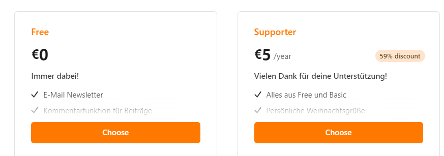 Zwei der vier Supporter Stufen, mit welchen man den Newsletter erhält. Kostenlos und für 5€ im Jahr.