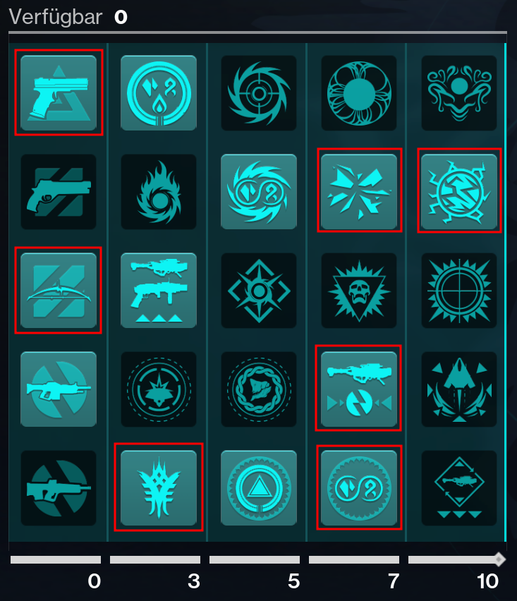 Screenshot der Artefakt-Perk-Tabelle aus Destiny 2. Wichtige Perks sind rot umrandet.