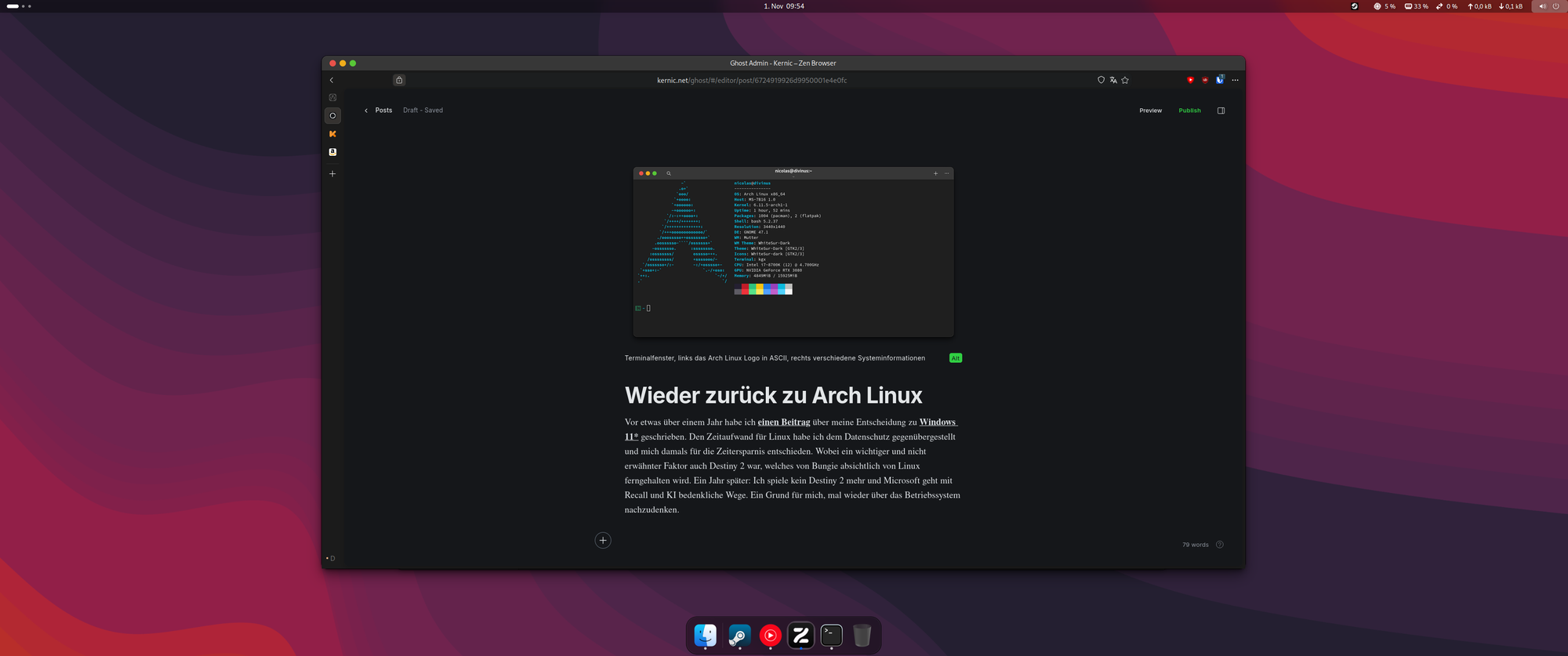 Dunkle Gnome Oberfläche, unten ein Dock, mittig der Zen Browser mit diesem Beitrag offen.