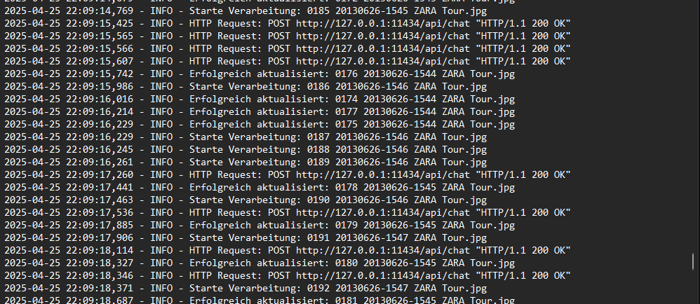 Man sieht drei Typen Einträge: Start Verarbeitung, HTTP Request (an Ollama) und Aktualisierung der EXIF Daten.
