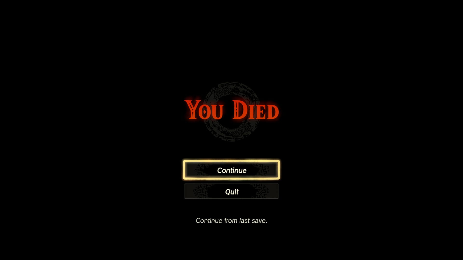 Oben in rot: YOU DIED, darunter die Optionen Continue und Quit