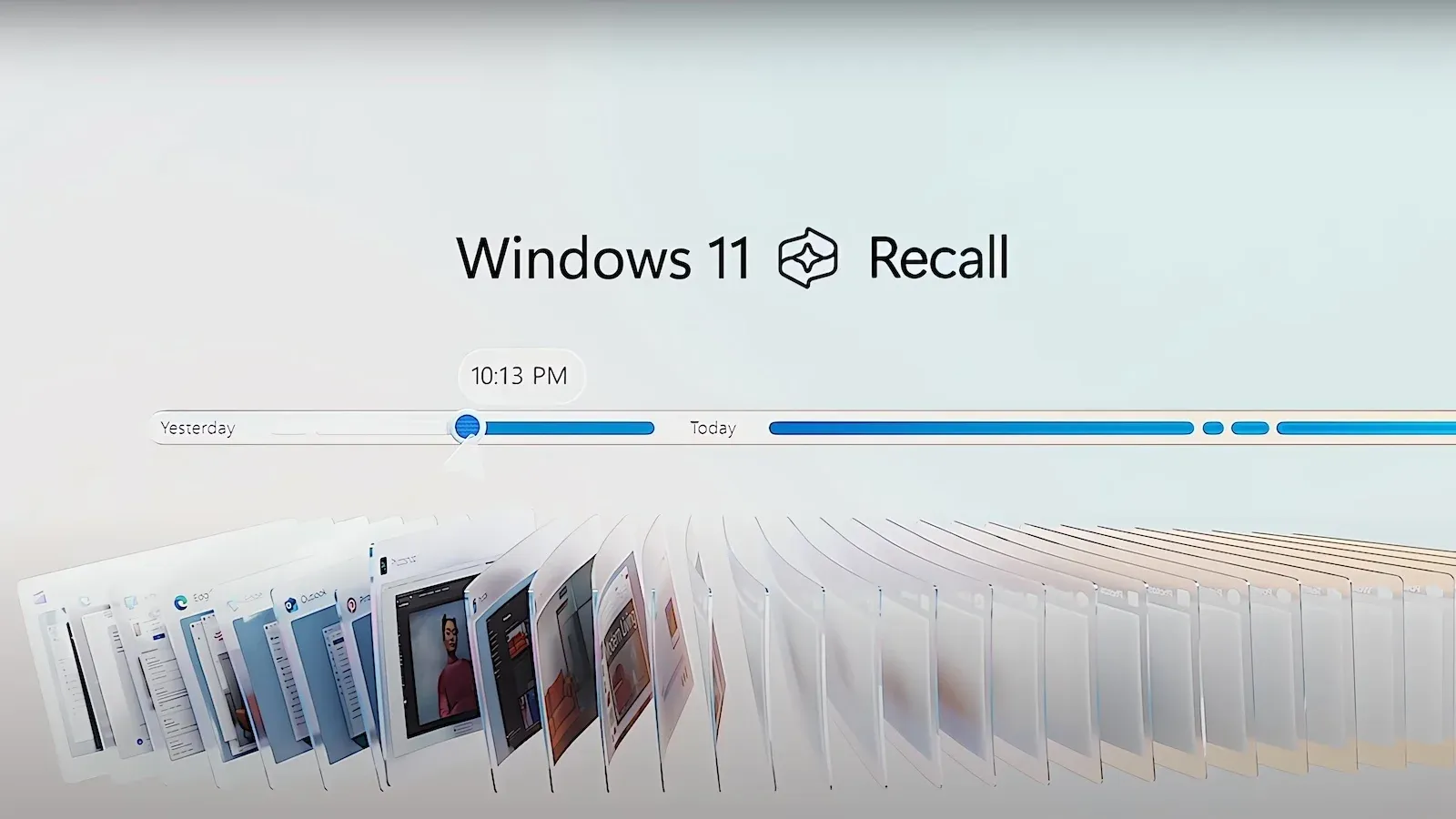 Windows Recall Schriftzug, darunter eine Zeitleiste und unten stilisiert Snapshots.