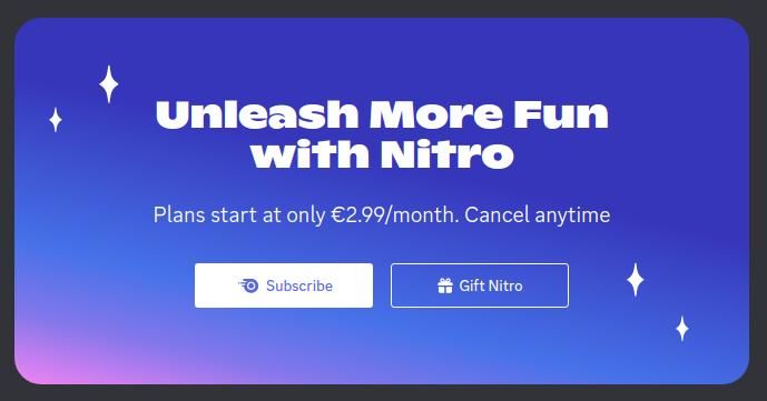 Discord Nitro Banner in Englisch. Ab 2,99 € pro Monat oder verschenken.