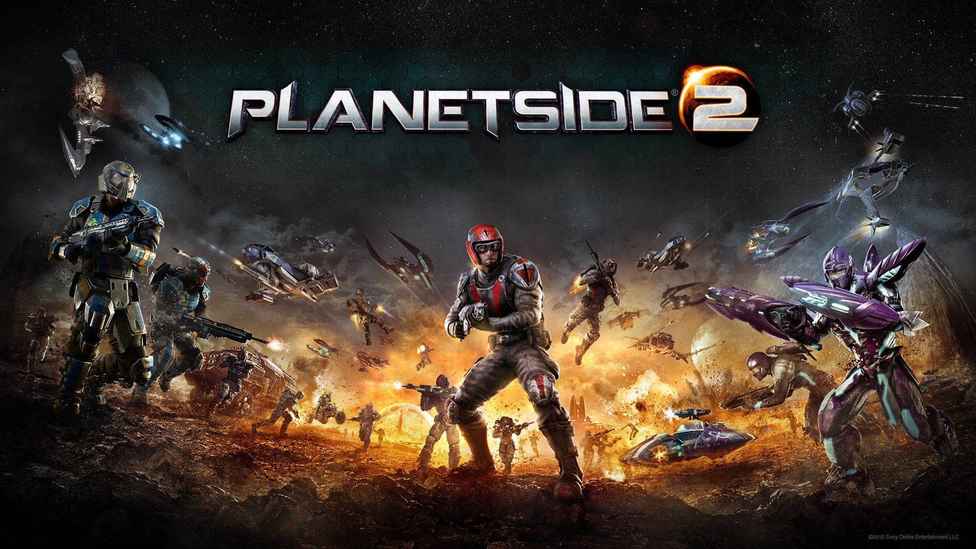 Banner von Planetside 2. Im Hintergrund Schlachexplosionen, im Vordergrund je ein Soldat jeder Fraktion.