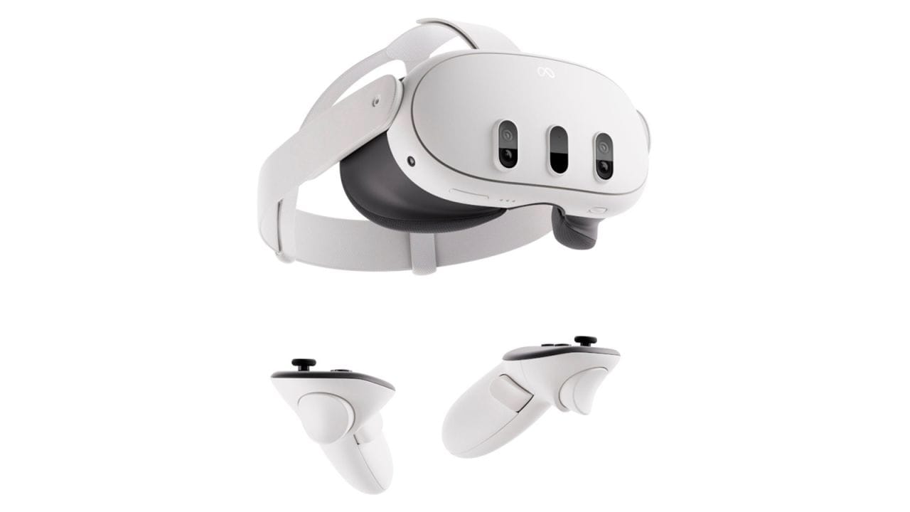 Meta Quest 3 Headset, darunter die beiden Controller