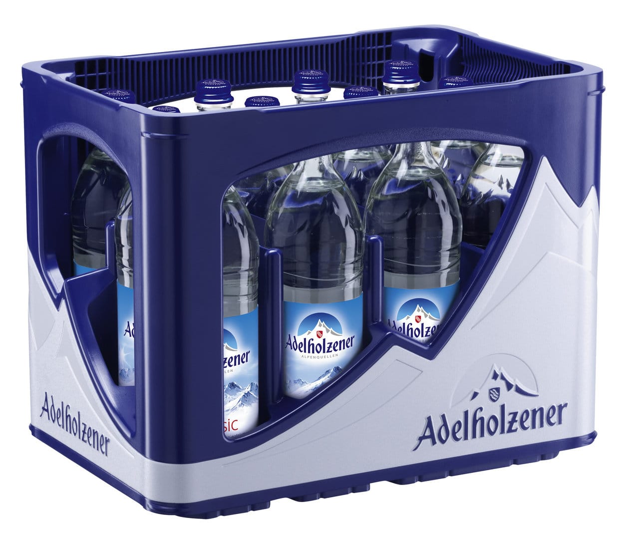 Blau-graue Getränkekiste mit 12x 0,75 Liter Flaschen Adelholzener classic