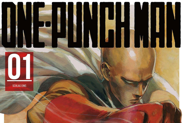 Text ONE-PUNCH MAN vor Saitama, welcher zum Schlag ausholt.